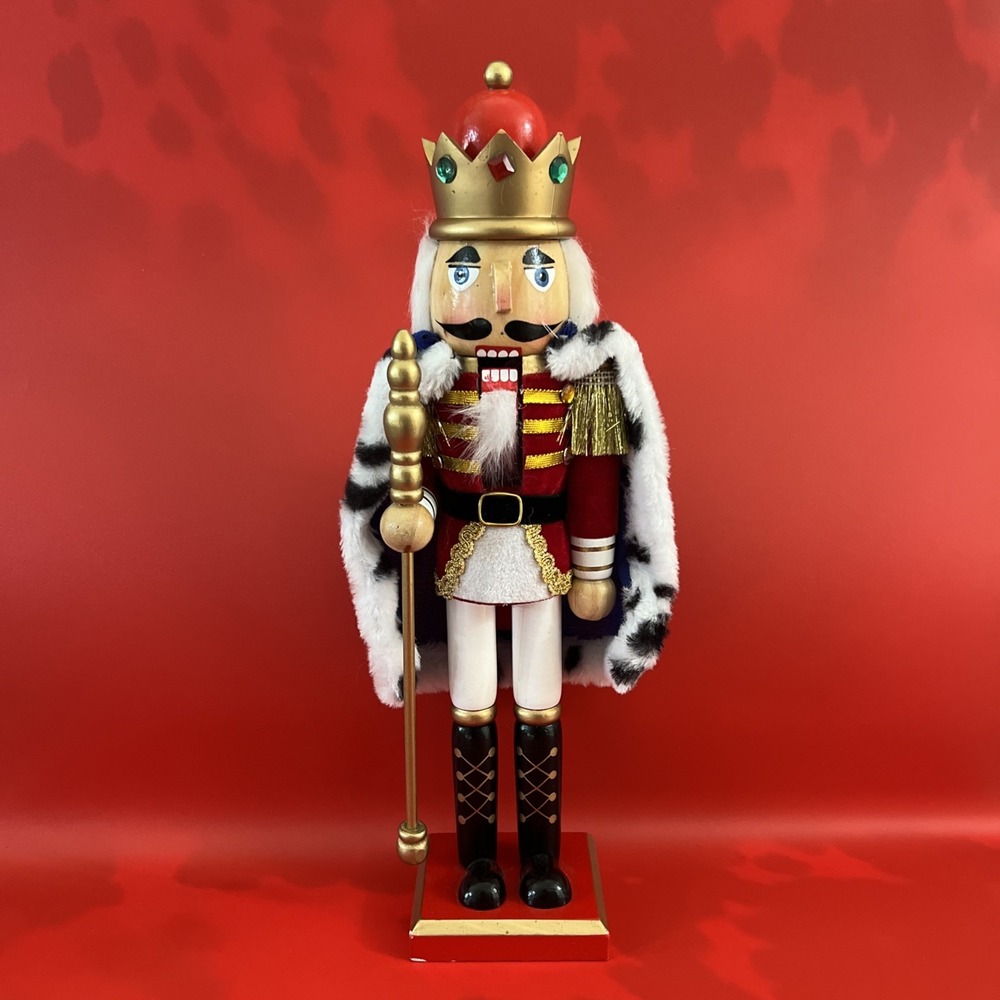 15" Wooden Nutcracker Red/blue Uniform Rhinestone On Crown. Cape